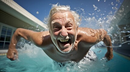 Senior old man swimmer swimming in pool. - obrazy, fototapety, plakaty