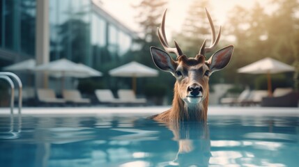 Deer in a swimming pool at the hotel. - obrazy, fototapety, plakaty