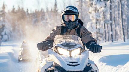 a man on a snowmobile rushes along a white snowy road in a winter forest, transport, sports, north, hobby, motorcycles, tourism, driver, speed, snow scooter, extreme, driving, headlights - obrazy, fototapety, plakaty