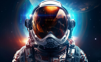 Front view astronaut portrait. Astronaut in space suit with galaxy and nebula reflection in helmet glass - obrazy, fototapety, plakaty