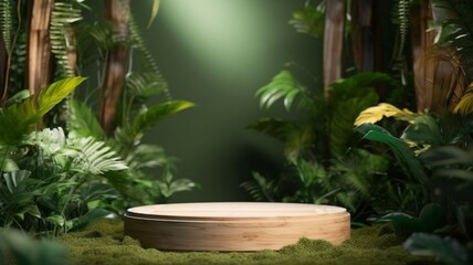 Wooden podium in tropical forest for product presentation and green background
