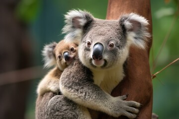 Female koala carrying young on back. Generative AI