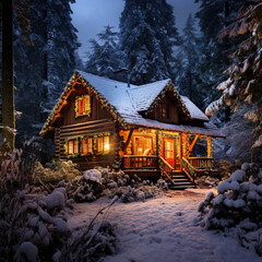 A cozy cabin nestled in a pristine snow-covered forest, radiating warmth and serenity