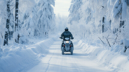 Fototapeta na wymiar a man on a snowmobile rushes along a white snowy road in a winter forest, transport, sports, north, hobby, motorcycles, tourism, driver, speed, snow scooter, extreme, driving, headlights