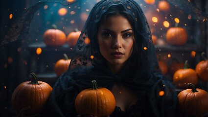 Beautiful woman art portrait, Abstract contemporary art collage portrait of young woman in black veil and umbrella, lace, bright orange sparkles and pumpkins, halloween concept 