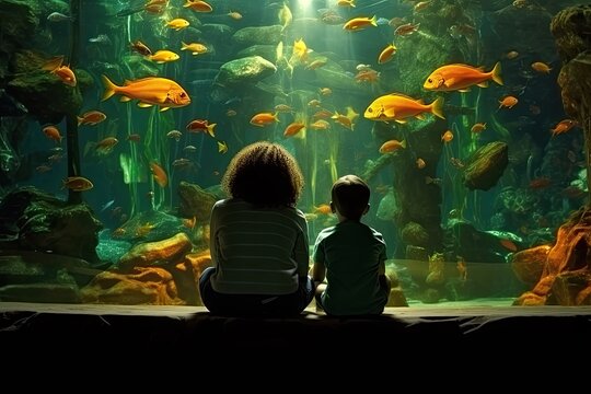 The family, including children, explores the fascinating marine life in an aquarium filled with wonder and interest.