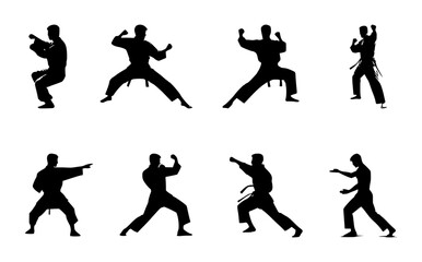 set of martial arts silhouettes on isolated background