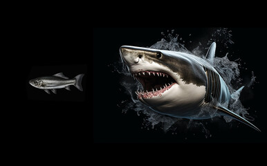 Tiburón blanco persiguiendo a pez pequeño - obrazy, fototapety, plakaty