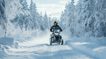 a man on a snowmobile rushes along a white snowy road in a winter forest, transport, sports, north, hobby, motorcycles, tourism, driver, speed, snow scooter, extreme, driving, headlights - obrazy, fototapety, plakaty