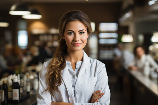Attractive female pharmacist with crossed arms gazes at the camera in her corporate photo at the pharmacy, wearing a lab coat