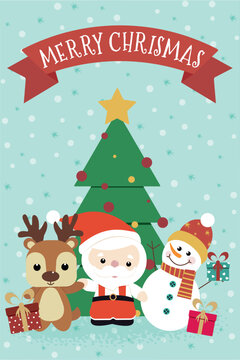 christmas card with santa claus and reindeer
