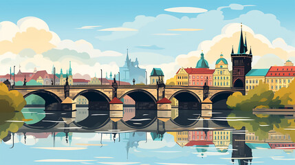 vector illustration, vector illustration of Prague, world famous Charles bridge in the capital city of the Czech republic. Typical view with the Charles bridge over the river characteristic buildings 