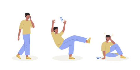 Young man walking and talking on a smartphone, stumbles and falls, sits on the ground with a head injury. Concept of danger of using mobile phone while walking