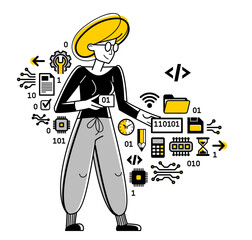 Programmer is coding and repairing some machine system, vector outline illustration, computer engineer doing his job, sysadmin and coder.