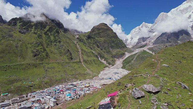 An aerial view of the Kedarnath Temple amidst the stunning Himalayan mountain range