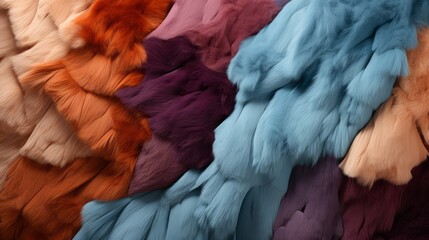 Fototapeta premium A vibrant explosion of woven textiles, dyed in every hue imaginable, intricately knit together to form a chaotic yet mesmerizing pile of furry clothing
