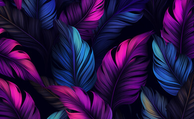 Tropical exotic seamless pattern with neon light color banana leaves, palm on night dark background.