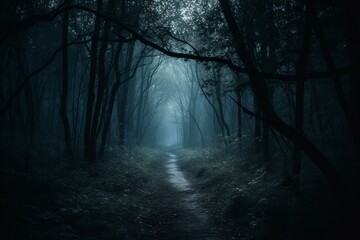 Eerie path through a gloomy forest at night. Generative AI