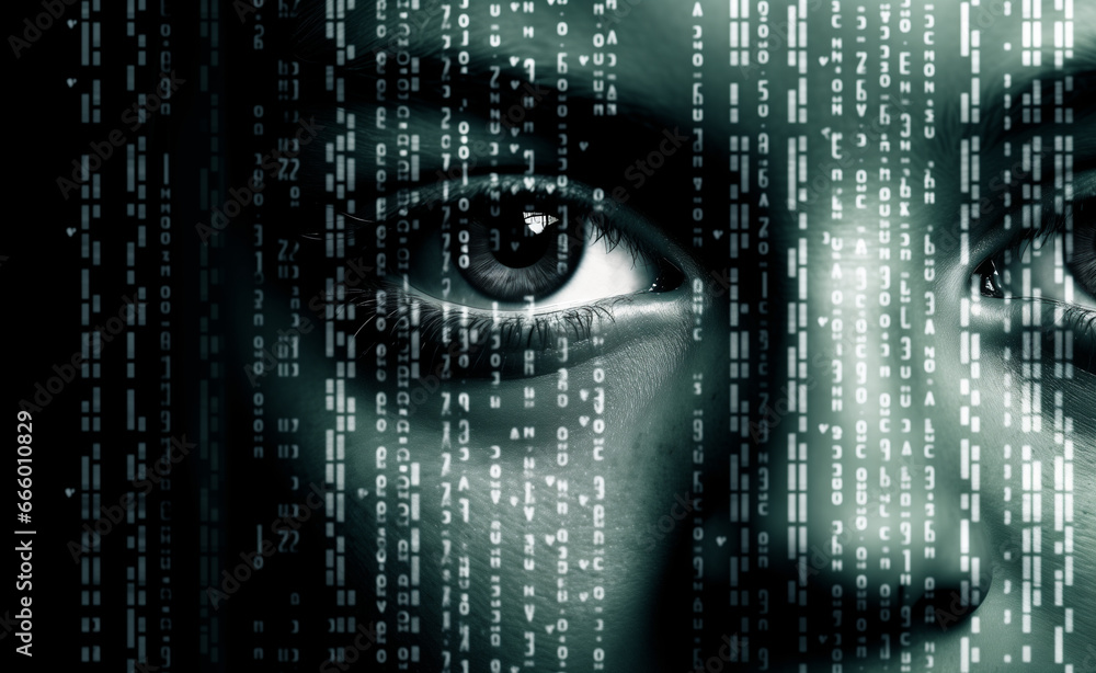 Poster female face against binary code