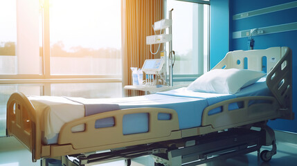 Empty hospital bed in a sunny modern clinical recovering room. Patient room background, insurance concept. Generative AI