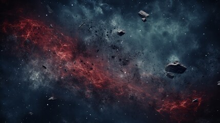 Amidst the endless expanse of the universe, a majestic nebula swirls with vibrant colors, while constellations of stars dance among towering rocks