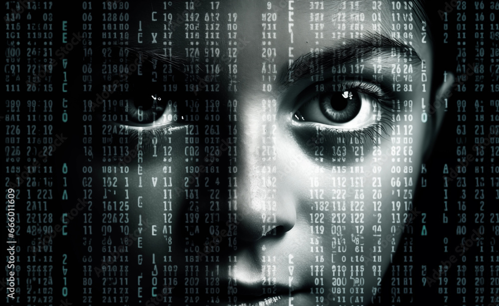 Poster female face against binary code