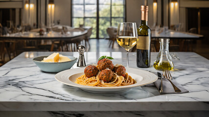 Bowl of Spaghetti with Meatballs on a shiny marble dining table