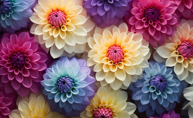 Fototapeta premium Abstract floral flower dahlia texture background banner, Closeup of colorful blooming dahlias