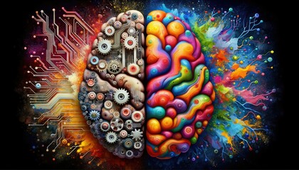 Vibrant 2D representation of the human brain split down the middle: the left half showcases intricate circuits and gears, symbolizing the robotic aspect, - obrazy, fototapety, plakaty