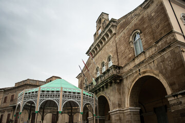 Close-up view of the townhall of a medieval town