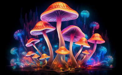 Abstract psychedelic mushroom in colorful neon lights. - obrazy, fototapety, plakaty