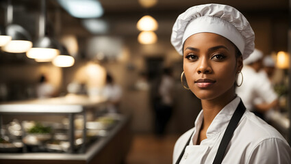 Elevate your culinary concepts with the presence of a skilled woman chef, her kitchen surroundings gently blurred to accentuate her culinary prowess.