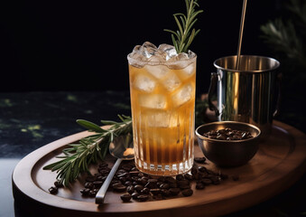Highball glass with old fashioned cocktail and rosemary leaf with coffee beans on dark table.Macro.AI Generative