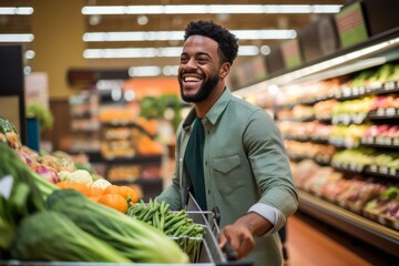 A cheerful and smiling african american man  customer pushing a shopping cart filled with fresh groceries in supermarket