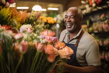 A cheerful afro-american florist sells a bouquets of fresh flowers in floral boutique, selective focus, shallow depth of field - obrazy, fototapety, plakaty