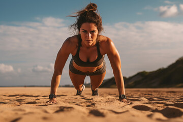 A young beautiful woman doing push-ups exercise on a sandy beach, portraying the fusion of core strength and natural surroundings, bottom view