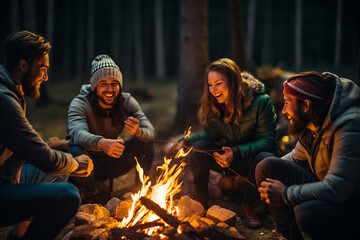 A group of laughter friends gathered around a campfire in the evening forest, camping concept. - obrazy, fototapety, plakaty