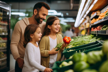 A happy family shopping together in the produce section, with children, selecting fruits and vegetables, family grocery trips concept. - 666012864