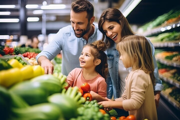 A happy family shopping together in the produce section, with children, selecting fruits and vegetables, family grocery trips concept. - 666012867