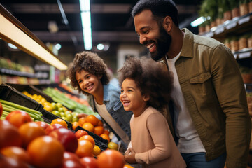 A happy african-american family shopping together in the produce section, with children, selecting fruits and vegetables, family grocery trips concept.