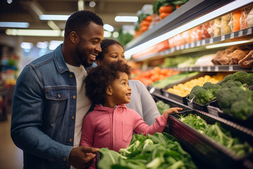 A happy african-american family shopping together in the produce section, with children, selecting fruits and vegetables, family grocery trips concept. - obrazy, fototapety, plakaty