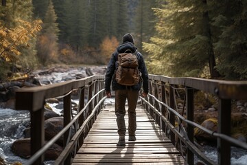 Rear view on a hiker with a backpack, crossing a old wooden footbridge over a rushing stream in forest, encapsulating the spirit of adventure, backcountry hiking concept