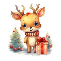 Christmas little deer with presents watercolor in beautiful style. Cartoon illustration on white background