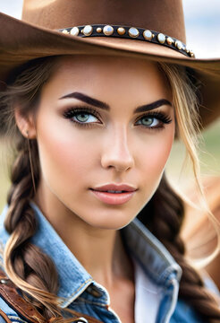 portrait of a beautiful cowgirl , close up , illustration. generative ai