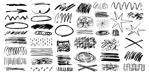 Grunge scrawl underlines, charcoal scribble highlights, rough brush strokes, circles, stars. Bold charcoal freehand textures, stripes, crosses and ink shapes. Pencil drawing, vector illustration - obrazy, fototapety, plakaty