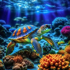 Obraz na płótnie Canvas Underwater panorama of a bright tropical reef with a turtle