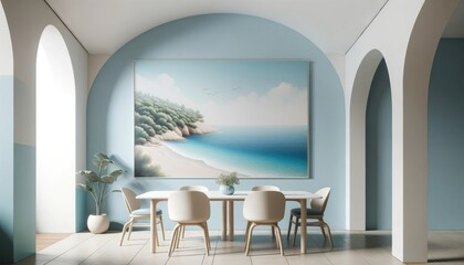 Semi close-up shot of a Coastal Mediterranean dining room with walls painted in a calming pastel blue