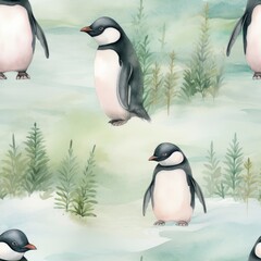 Cute Penguins in the Winter Scene Seamless Pattern