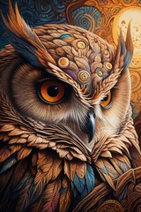 owl illustration t-shirt art, frontal perspective, vibrant color, black background	