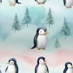 Obraz premium Seamless Watercolor Pattern with Penguins in the Snow